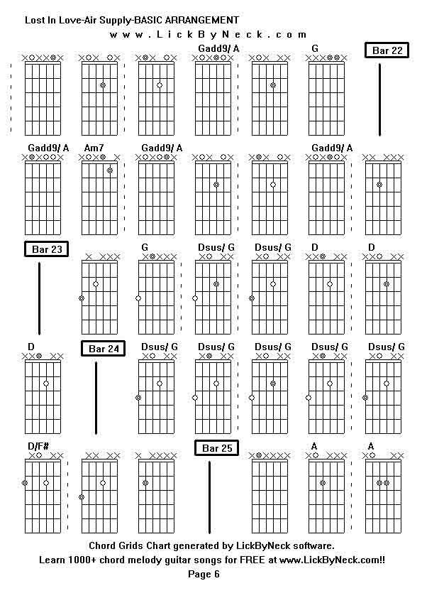 Chord Grids Chart of chord melody fingerstyle guitar song-Lost In Love-Air Supply-BASIC ARRANGEMENT,generated by LickByNeck software.